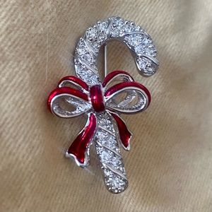 New Swarovski Brand Signed Swan Christmas Enamel Crystal Candy Cane Pin Brooch